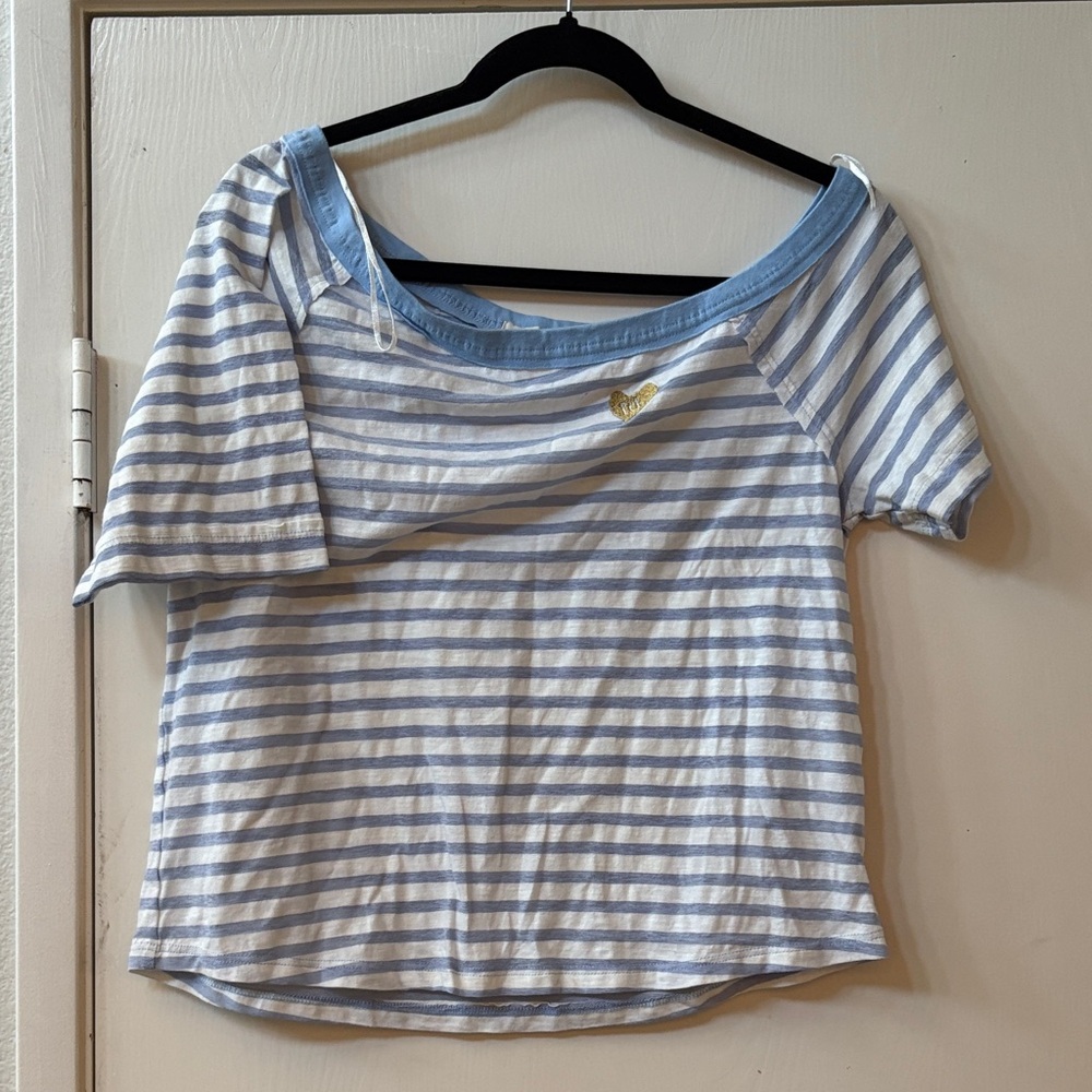River Island Light Blue and White Striped Tee off shoulder